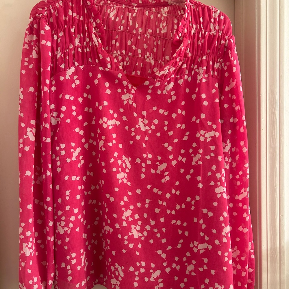 Pink and White Smocked Long Sleeve Blouse